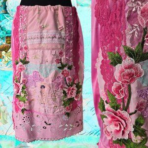 Romantic Vintage-Inspired Cherry Blossom Pink Skirt Embroidered Rose Skirt Retro